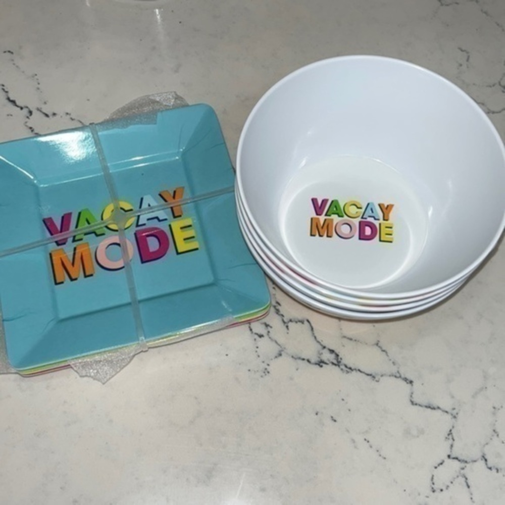 Summer appetizer plates & bowls . Sturdy plastic great for outdoor use
